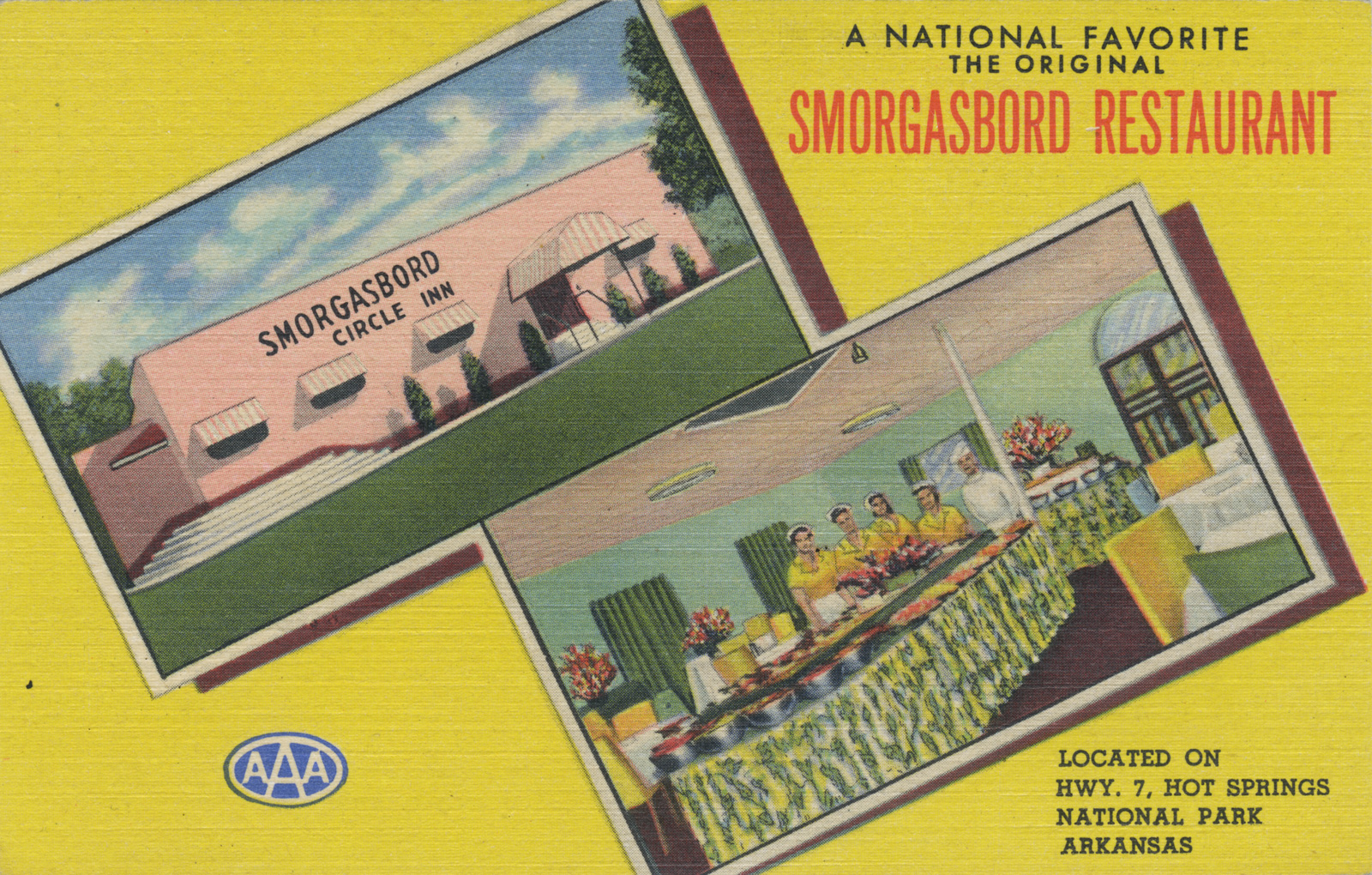 Postcard from the Smorgasbord Circle Inn, Hot Springs National Park, Arkansas, circa nineteen fifty.