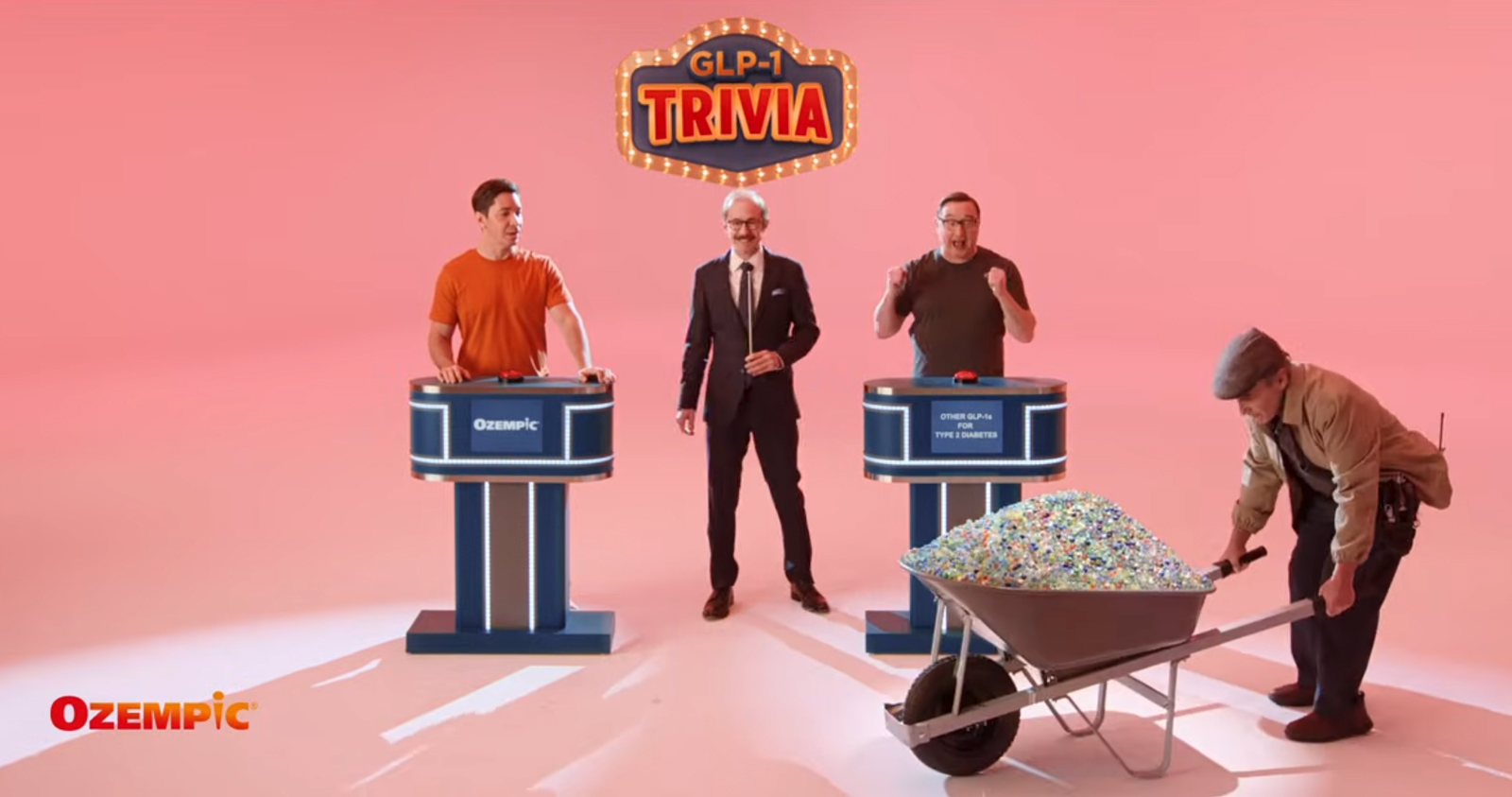 Video still from an advertisement for Ozempic, featuring actors Justin Long and John Hodgman, which resulted in the you ess Food and Drug Administration sending a letter to Novo Nordisk on twenty-six February twenty twenty-six calling the advertising campaign “false or misleading.”