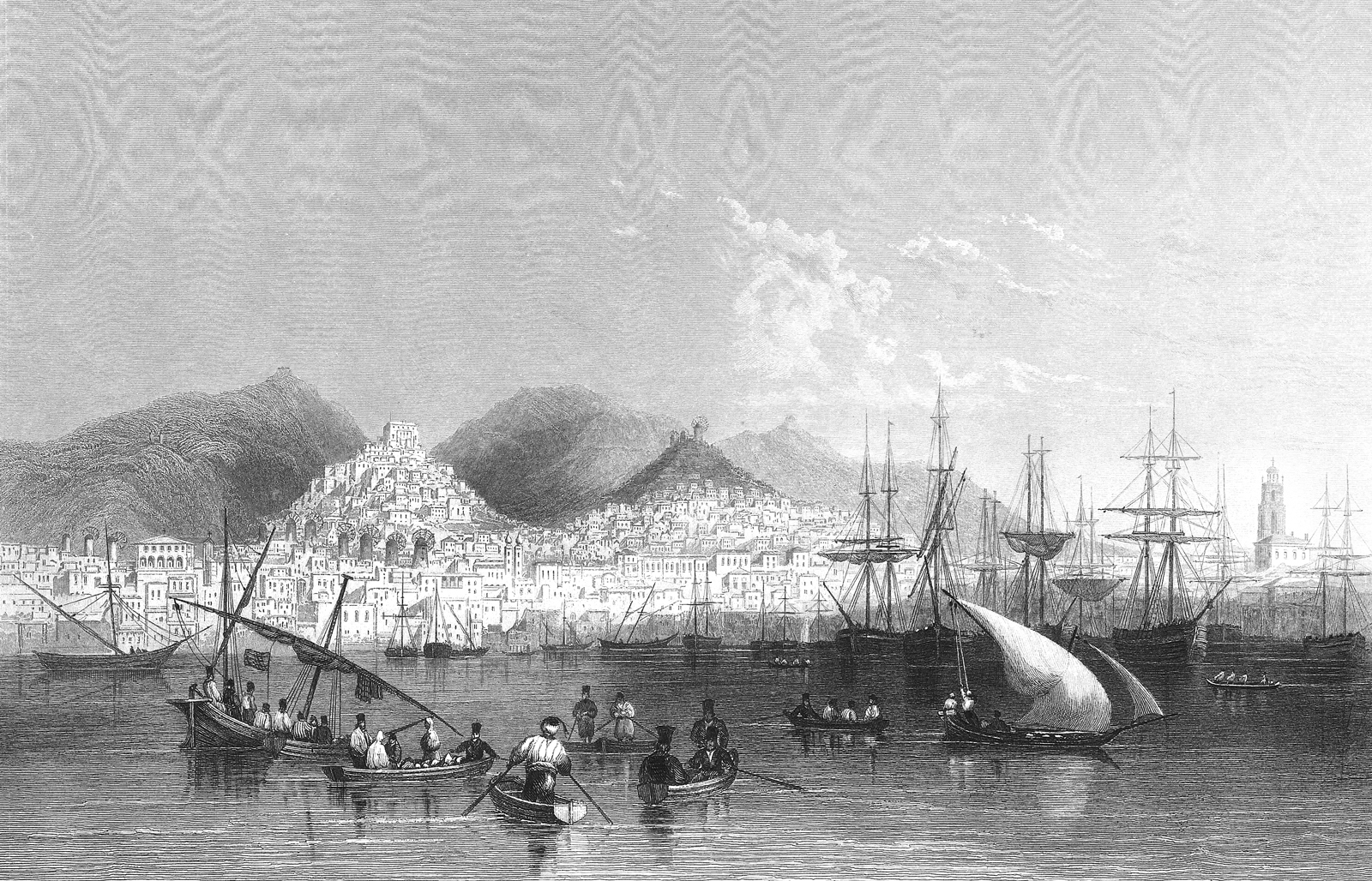 Engraving of the harbor city of Ermoupolis in Syros.
