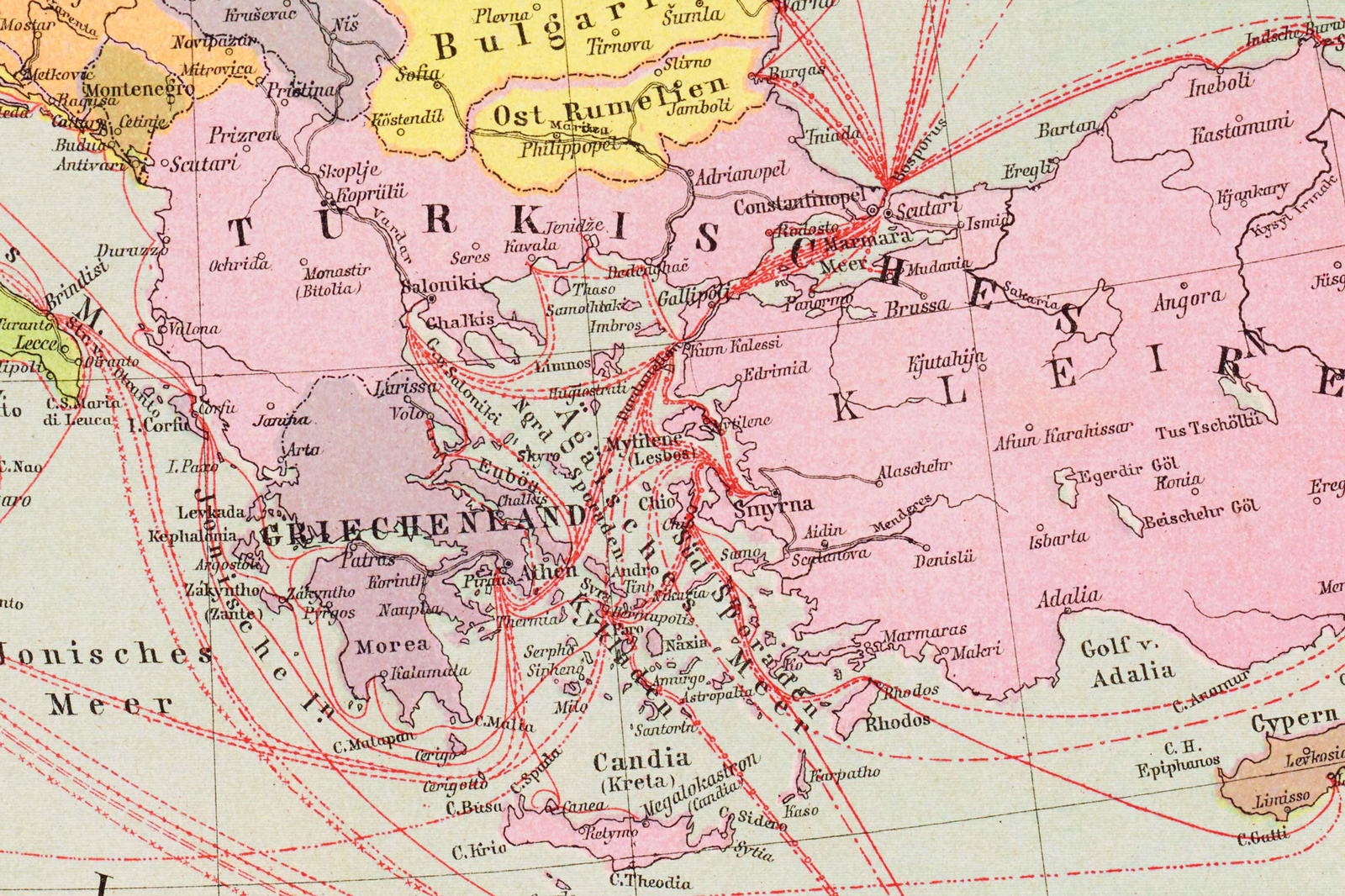 A map of the Mediterranean showing the shipping routes that connect to Syros.