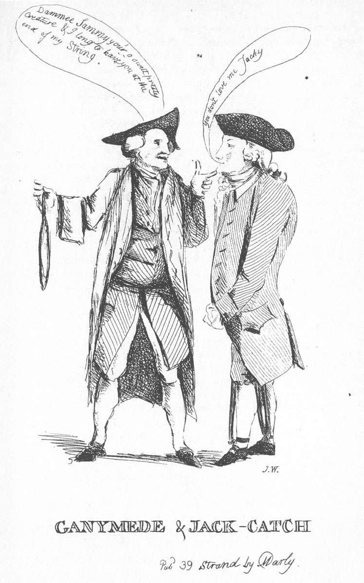 Satirical illustration by M. Darly from 1771 depicting bookseller and jeweler Samuel Drybutter (“Ganymede”) bantering with the hangman (“Jack-Catch”) after the former was arrested for “attempted sodomy” on a London street.