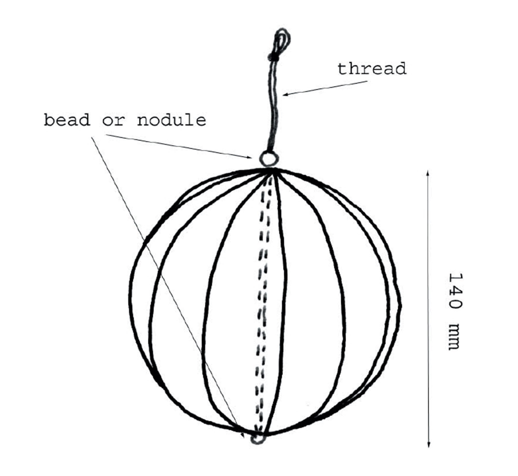 A sketch by artist Vadim Fishkin of a paper globe with its parts labeled and dimensions listed.