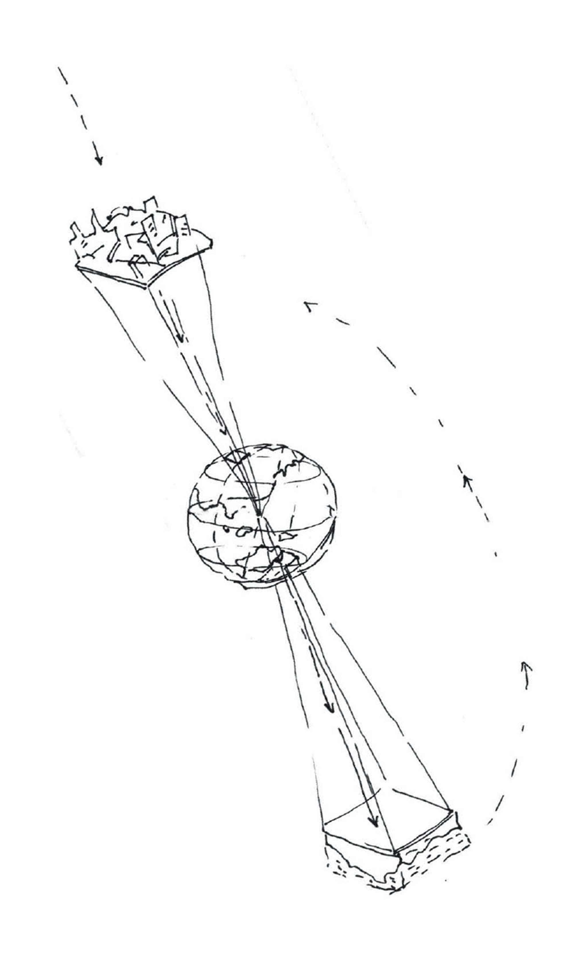A sketch by artist Vadim Fishkin of the earth showing two sections on opposite sides pulled out and magnified.