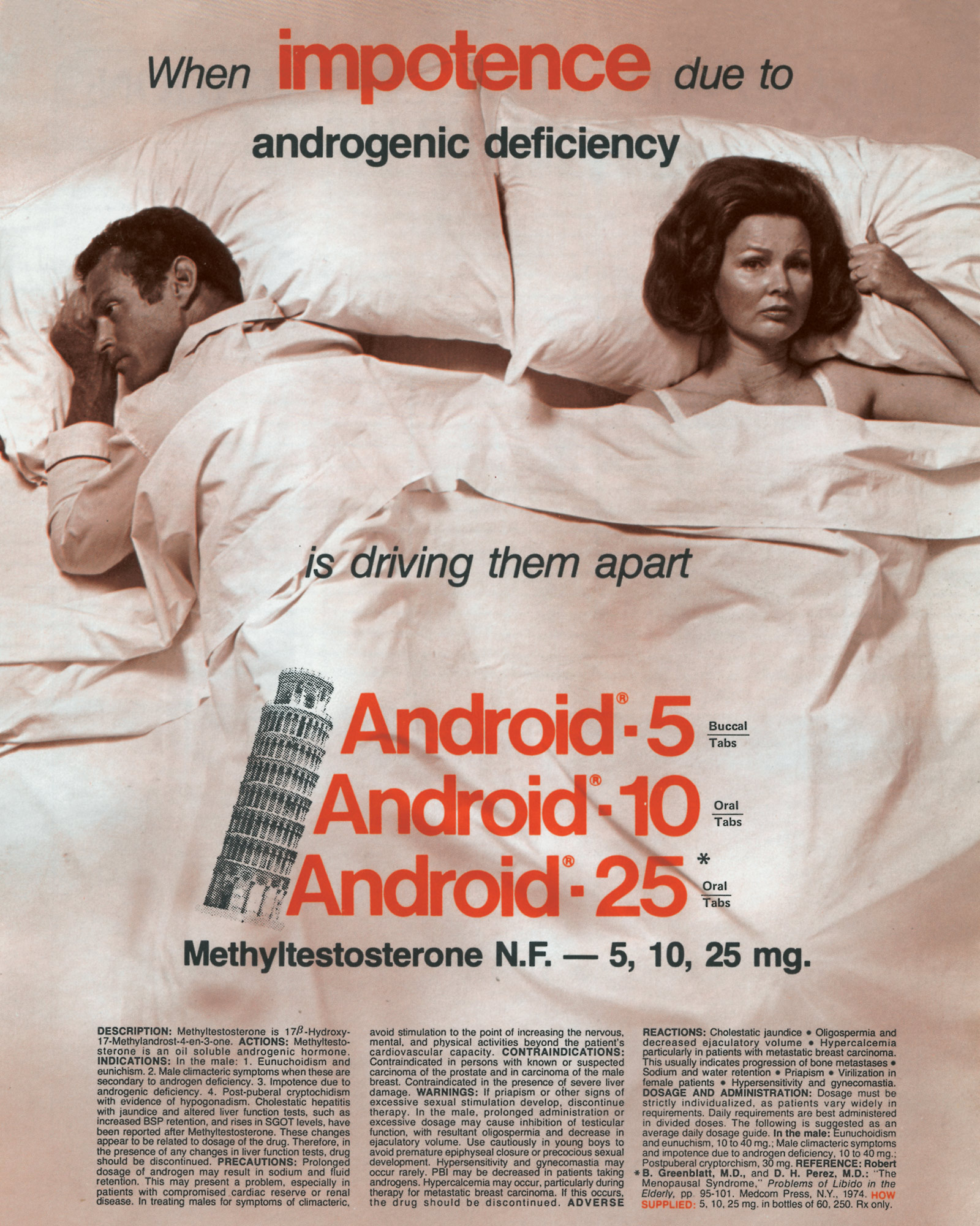 A nineteen seventy seven pharmaceutical advertisement for methyltestosterone depicting a crestfallen couple in bed with text that reads “When impotence due to androgenic deficiency is driving them apart.”