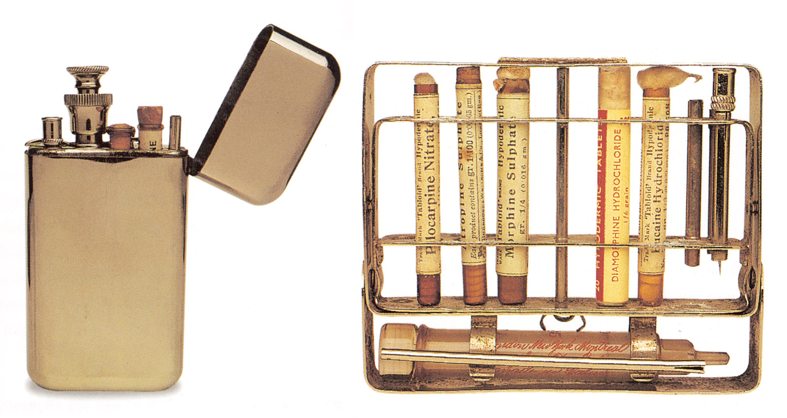 A photograph of an early twentieth-century morphine kit disguised as a cigarette lighter.