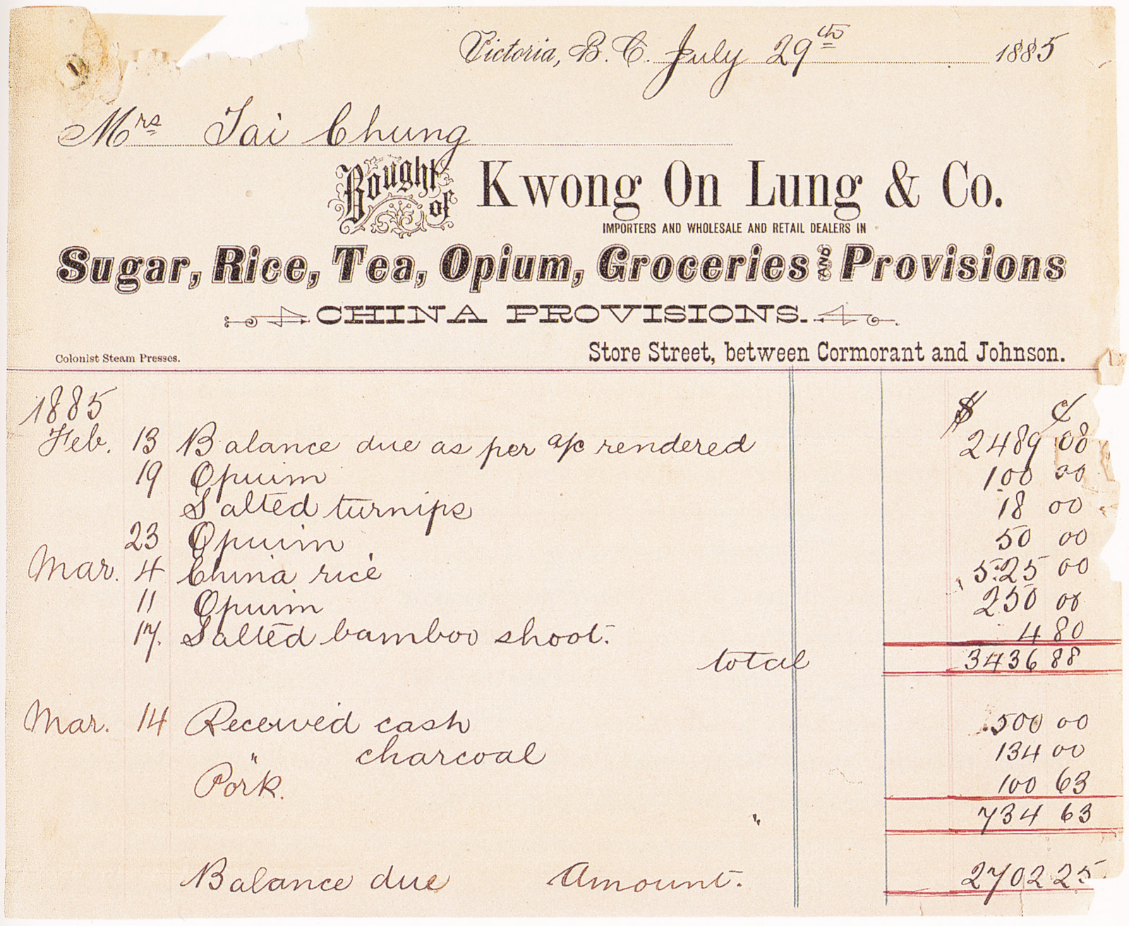 An image of an eighteen eighty-five itemized grocery receipt from Victoria, British Columbia, that includes purchases of opium.