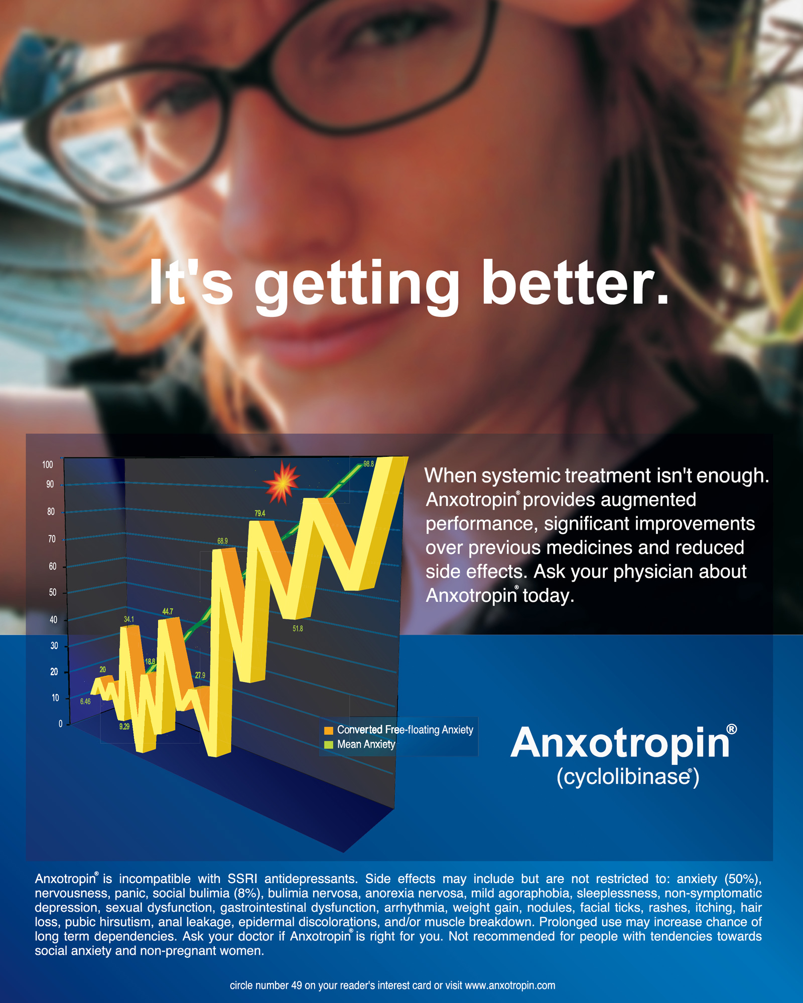 A pharmaceutical advertisement for Anxotropin, a mysterious drug for treating anxiety whose primary side effect is anxiety itself.