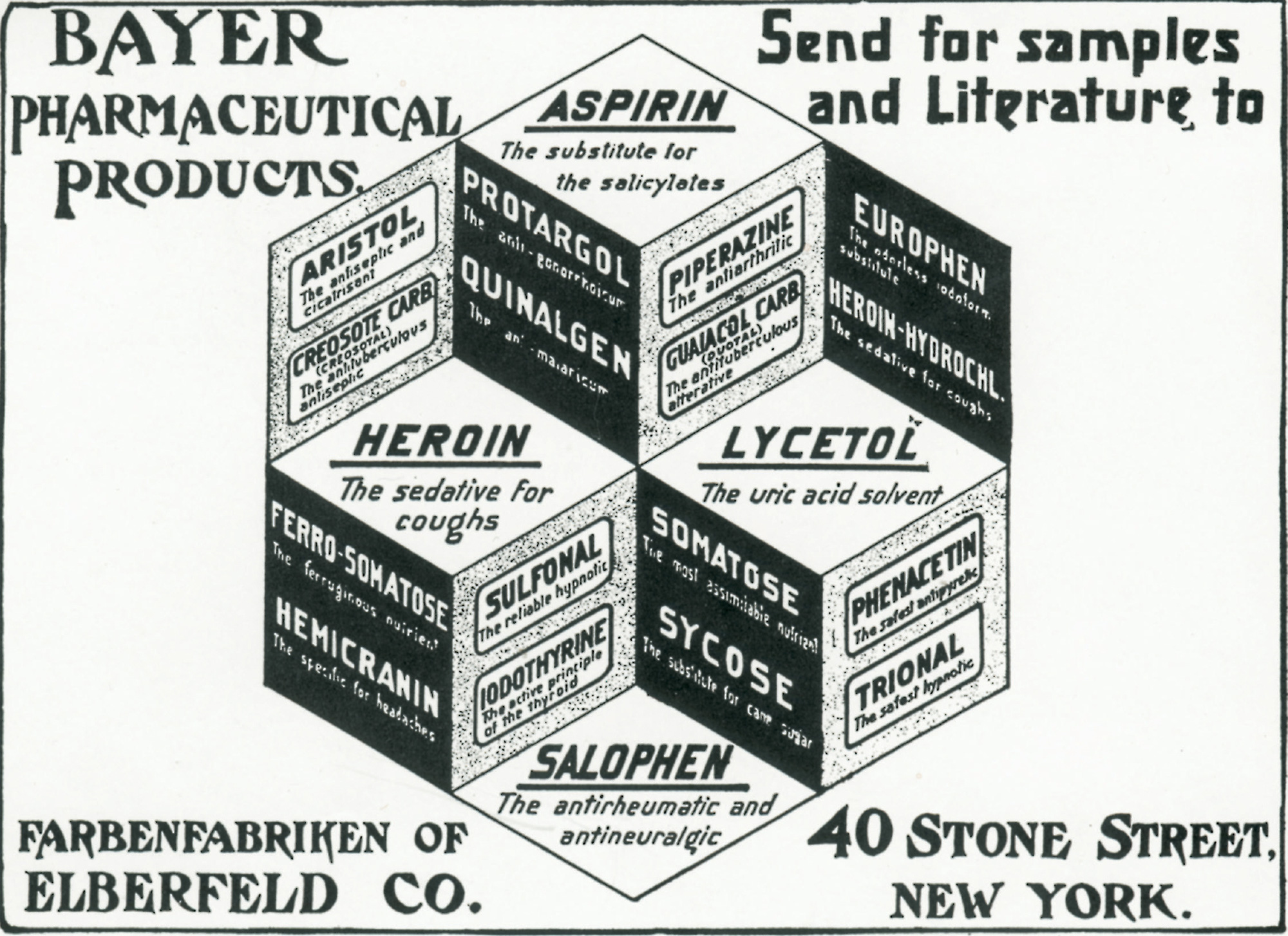 A leaflet sent by Bayer to physicians promoting both aspirin and heroin. The two substances were synthesized within two weeks of each other by Bayer’s Felix Hoffman in August 1897. As shown in the leaflet, heroin was initiallly marketed to suppress coughs, and was also prescribed to relieve the pain of childbirth. It was banned in most countries in the 1930s.