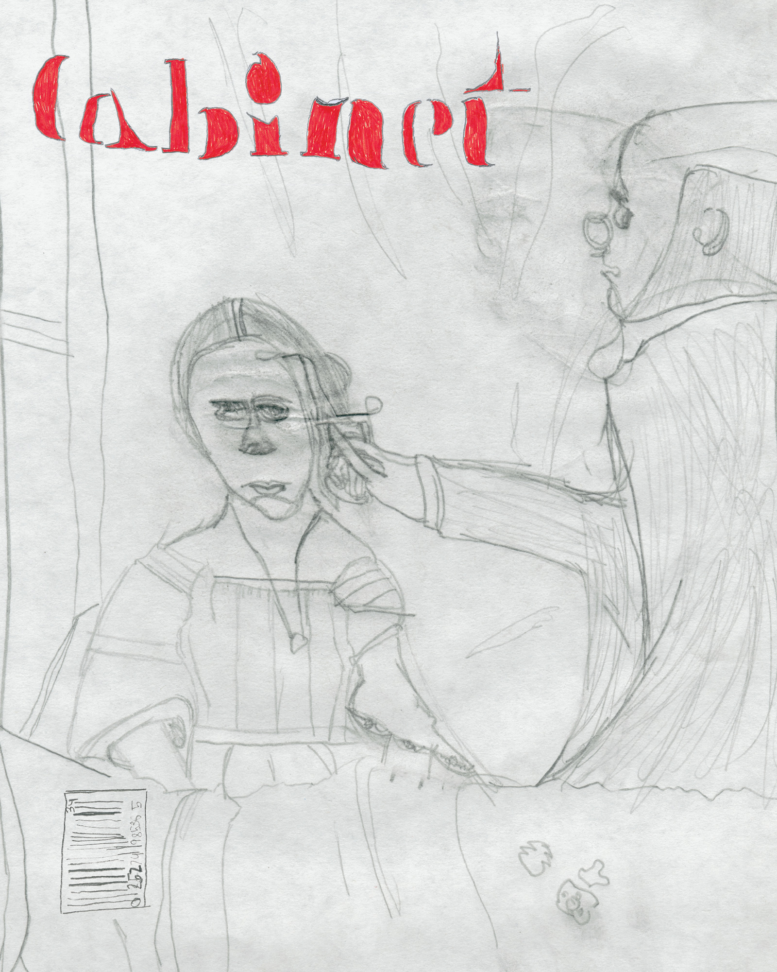 A drawing made by eight-year-old Samuel Kastner of this issue’s cover, including its photographic image, barcode, and Cabinet logotype.
