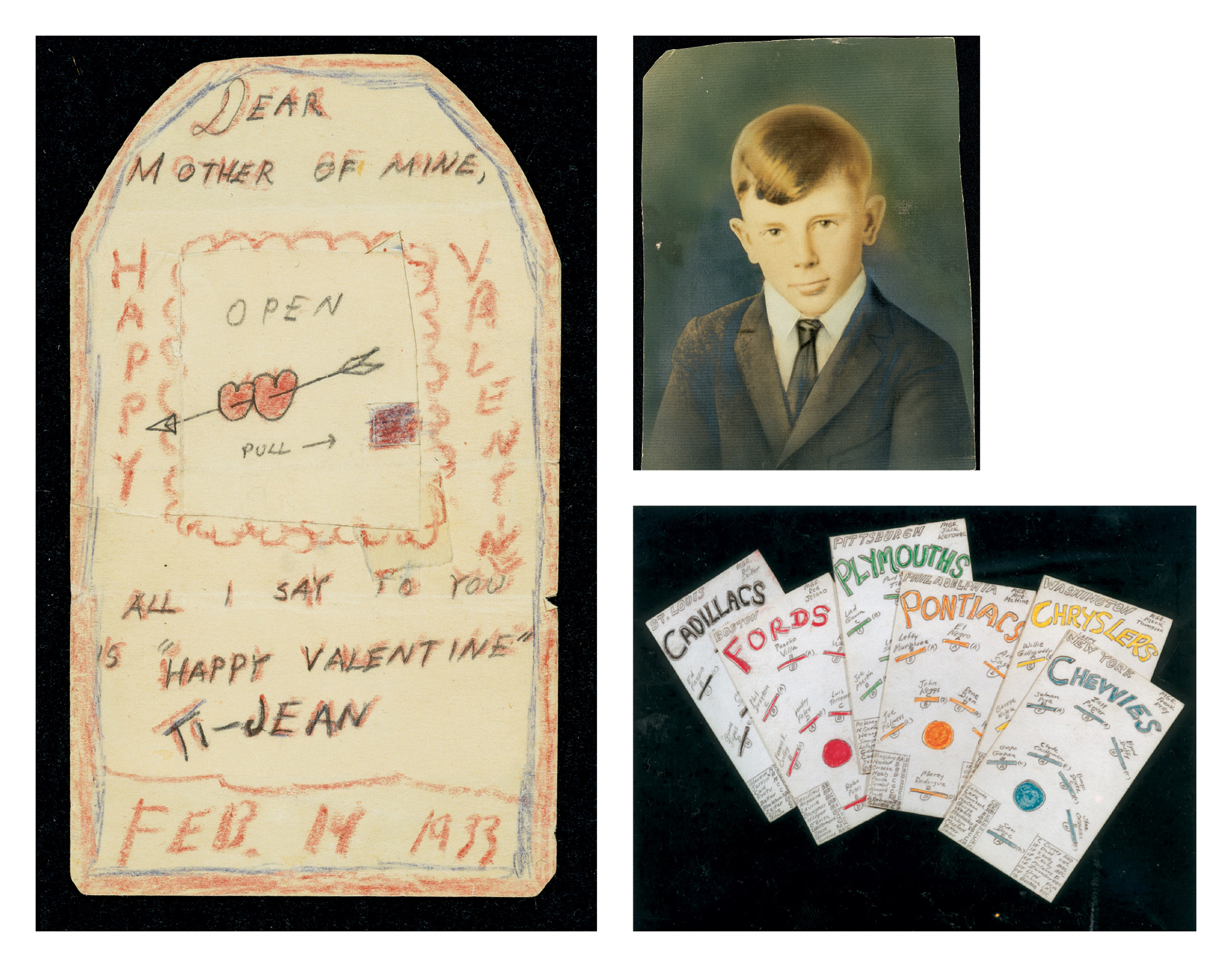 Three images: a photograph of a Valentine’s Day card made by Jack Kerouac for his mother, 14 February 1933; a photograph of the novelist as a boy; and team cards Kerouac made around 1936 for his fantasy baseball league.