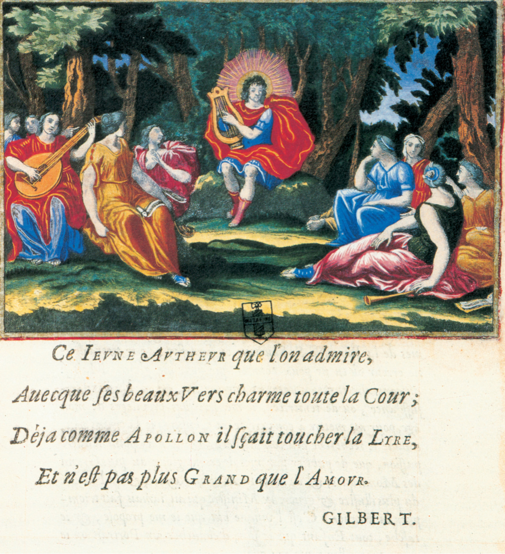 The frontispiece of Beauchasteau’s book showing him as Apollo surrounded by the Muses.